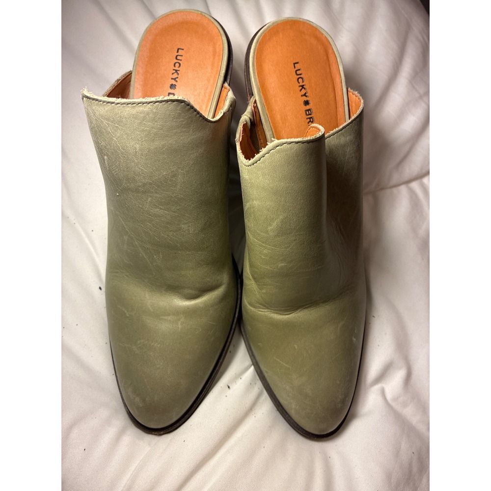 Lucky Brand Lullin Sage Green Leather Mule Block Heel Booties Womens 8.5M